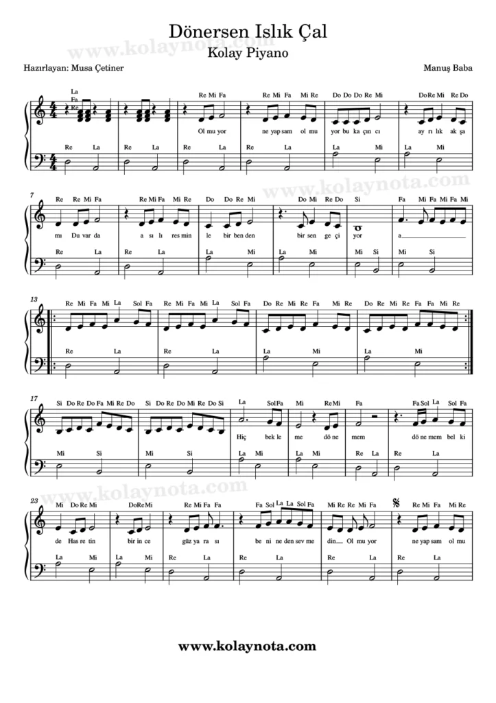 Dönersen Islık Çal - Piyano Nota
