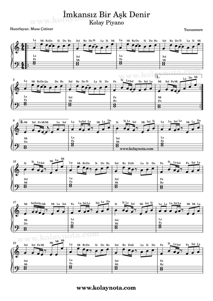 İmkansız Bir Aşk Denir - Piyano Nota