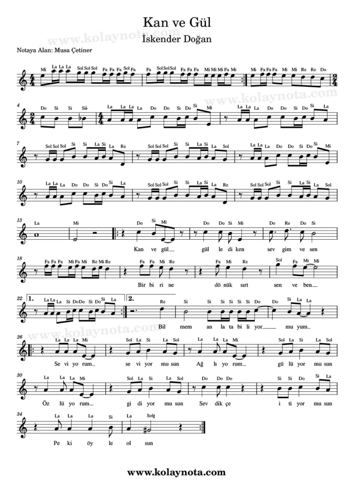 Kan ve Gül - Nota