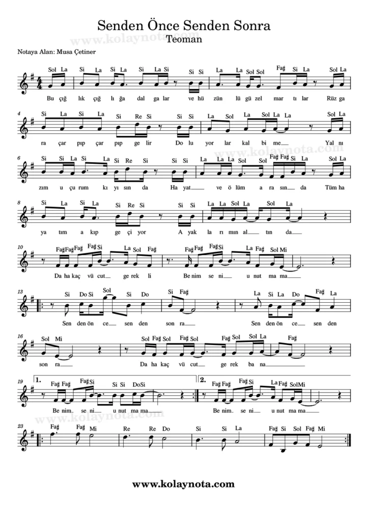 Senden Önce Senden Sonra - Nota