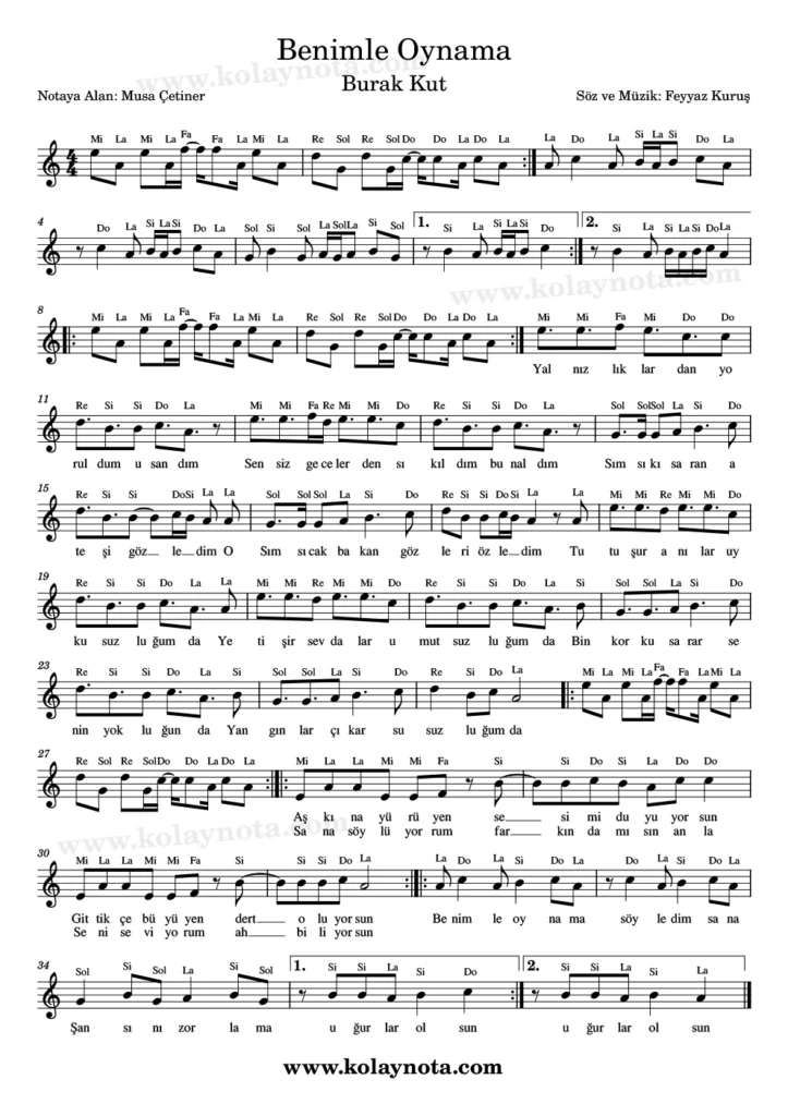 Benimle Oynama - Nota