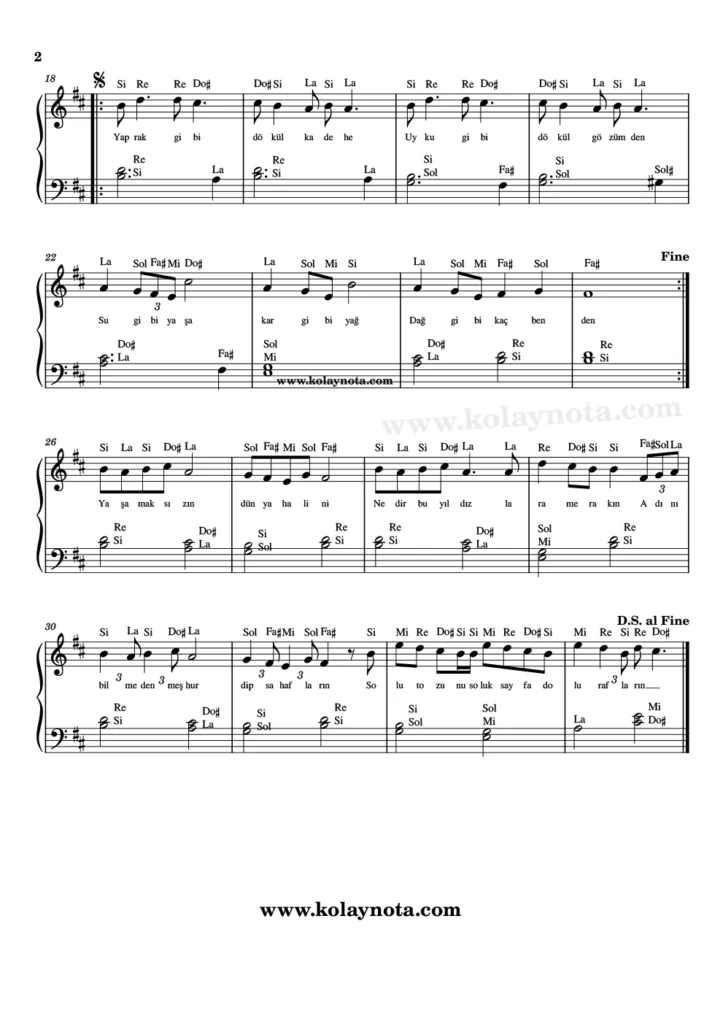 Bunca Yıl - Piyano Nota - 2