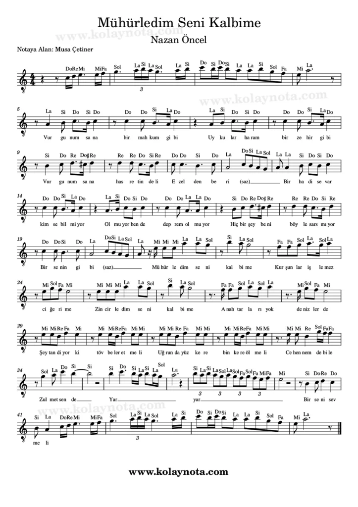 Mühürledim Seni Kalbime - Nota