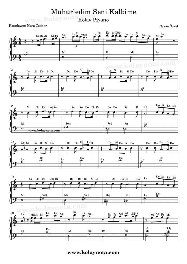 Mühürledim Seni Kalbime - Kolay Piyano Nota