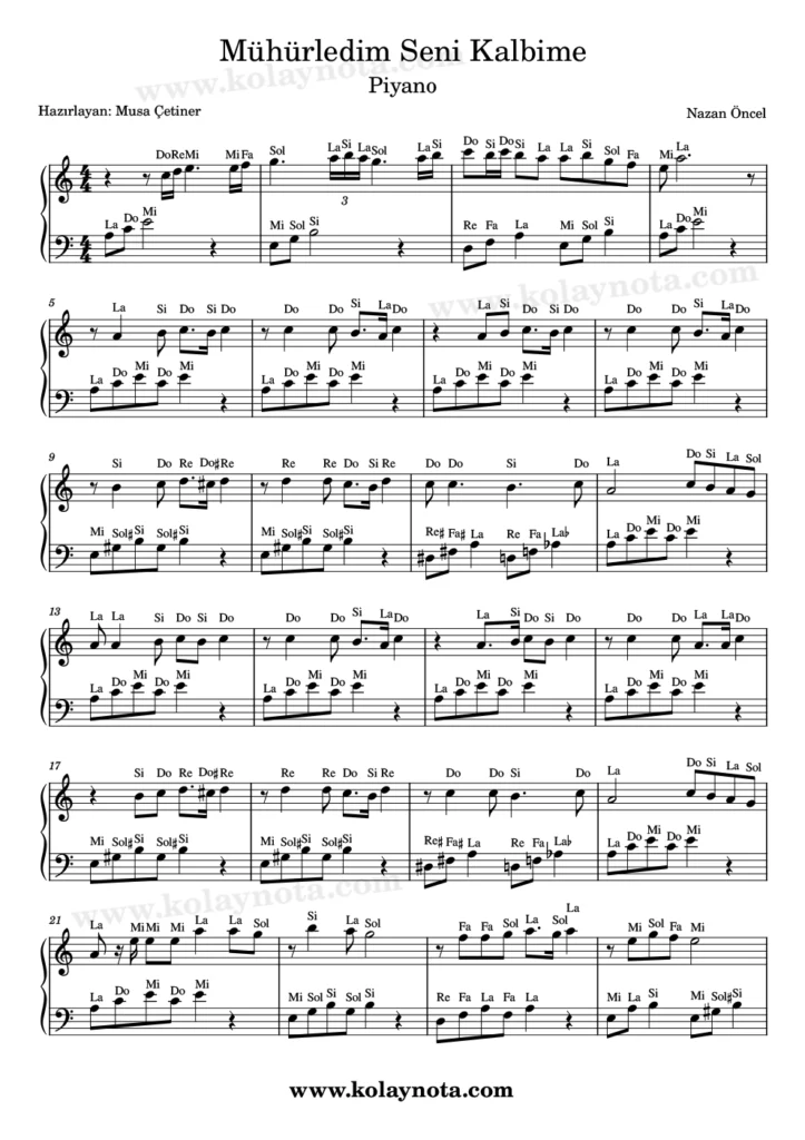 Mühürledim Seni Kalbime - Piyano Nota