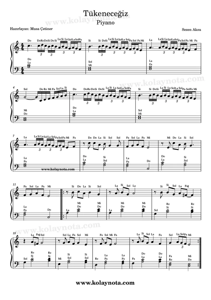 Tükeneceğiz - Piyano Nota