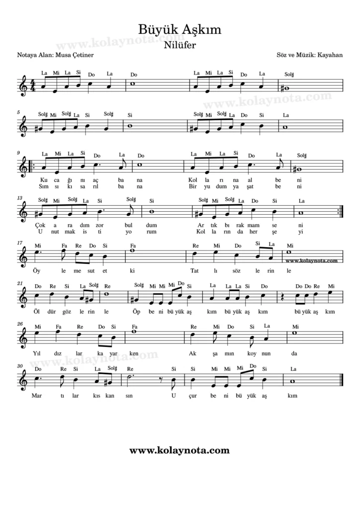 Büyük Aşkım - Nota