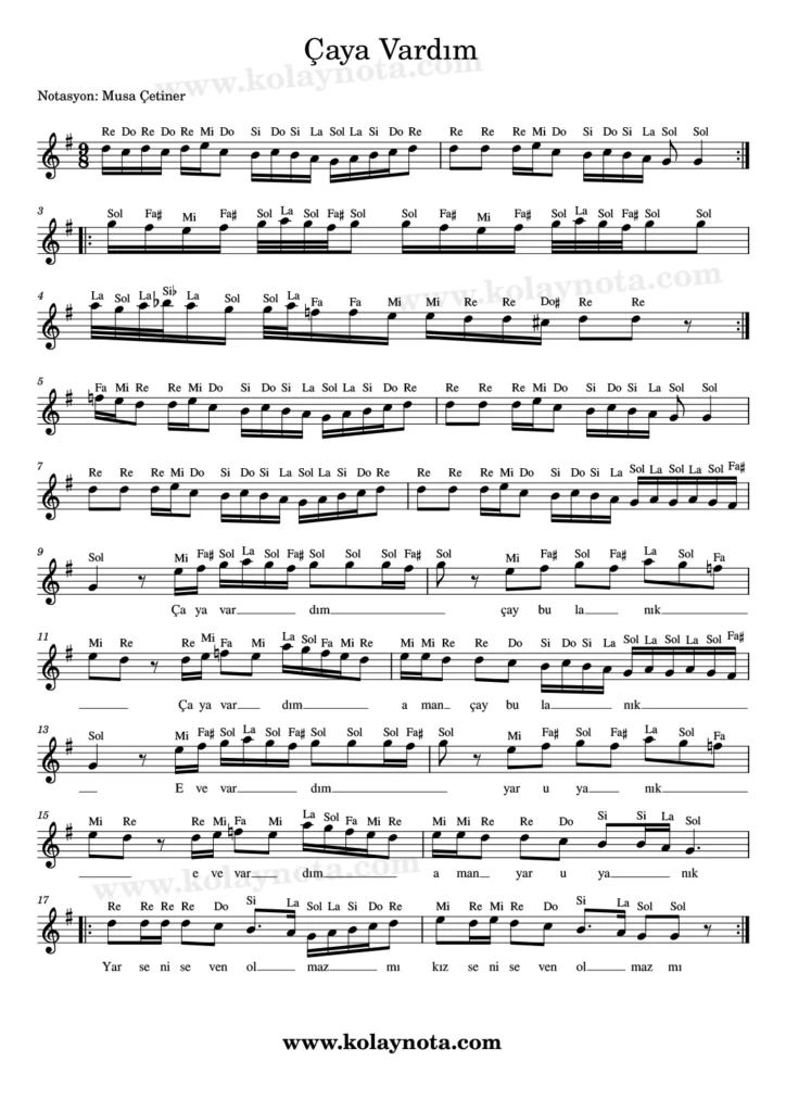 Çaya Vardım Çay Bulanık - Nota
