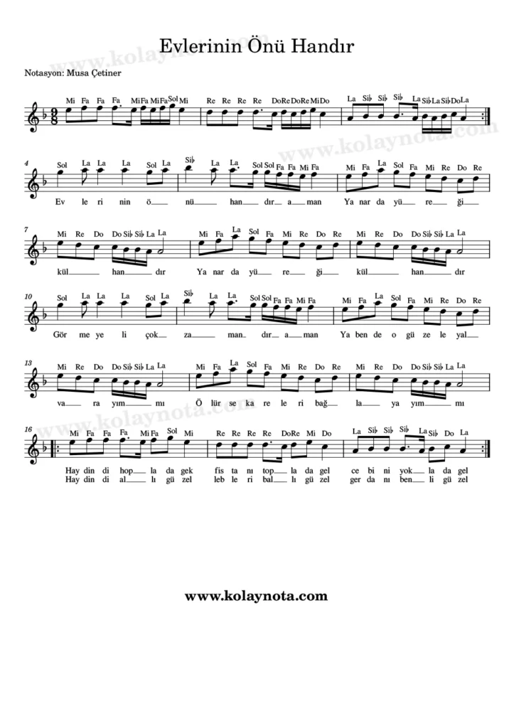 Evlerinin Önü Handır - Nota