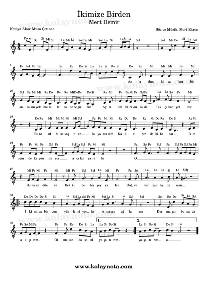 İkimize Birden - Nota