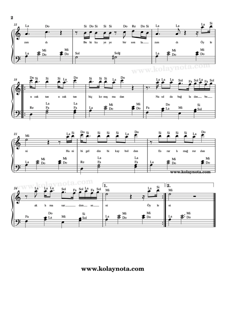 Uzaktan - Piyano Notası - 2 sayfa