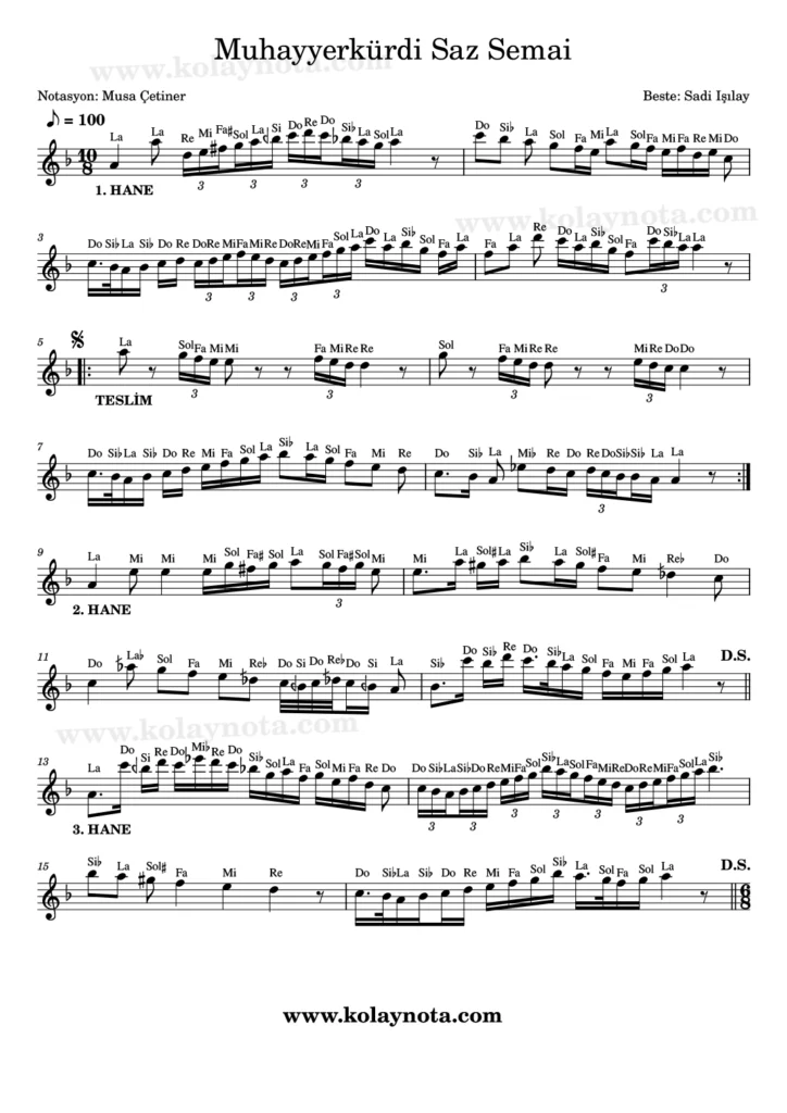 Muhayyerkürdi Saz Semai - Nota