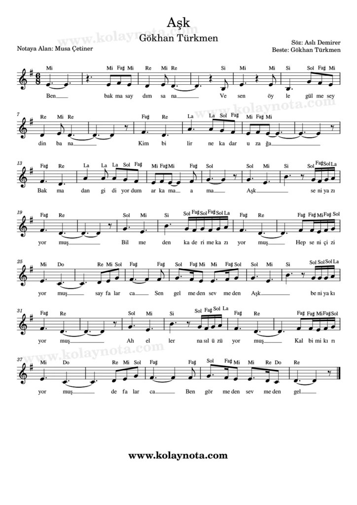 Gökhan Türkmen - Aşk - Nota