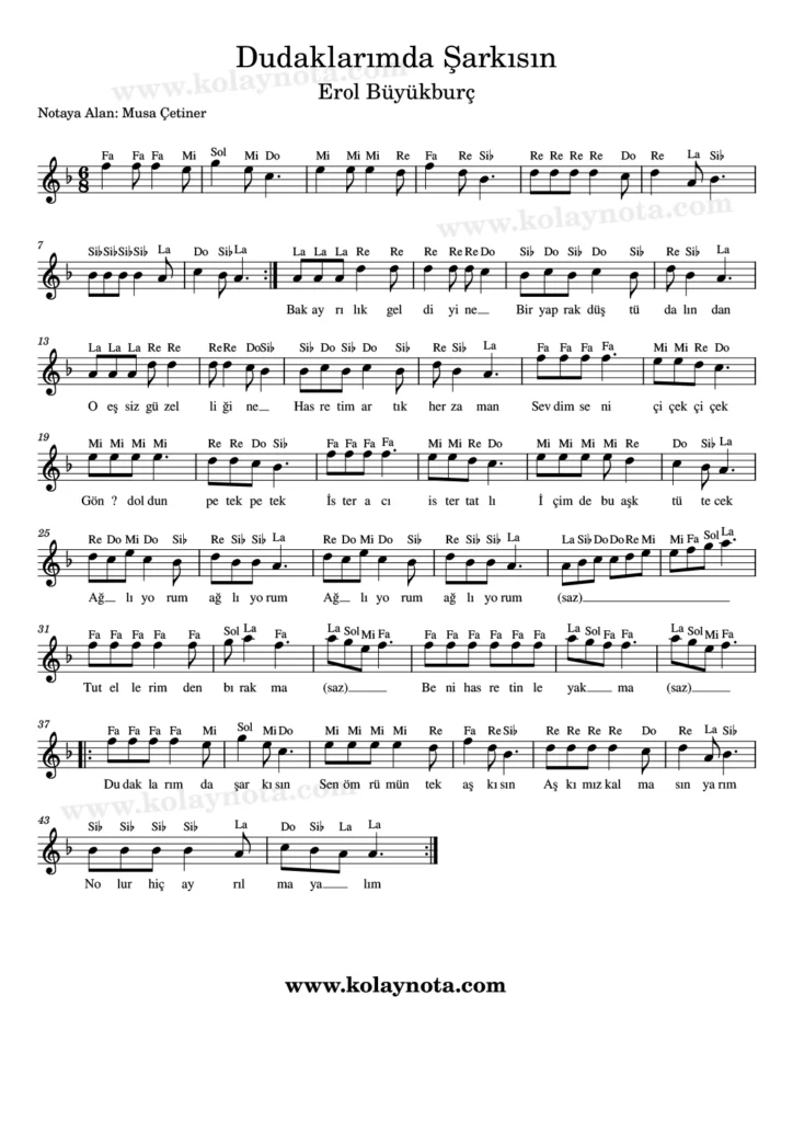 Dudaklarımda Şarkısın - Nota