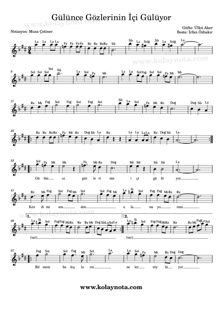 Gülünce Gözlerinin İçi Gülüyor - Nota