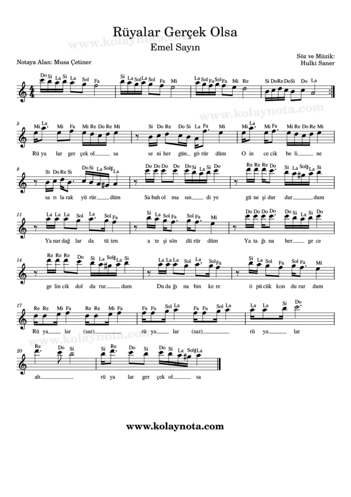 Rüyalar Gerçek Olsa - Nota