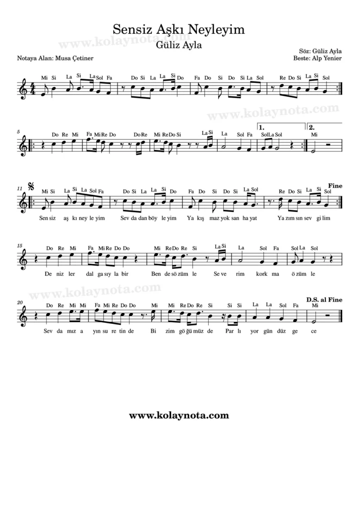 Sensiz Aşkı Neyleyim şarkısının notası