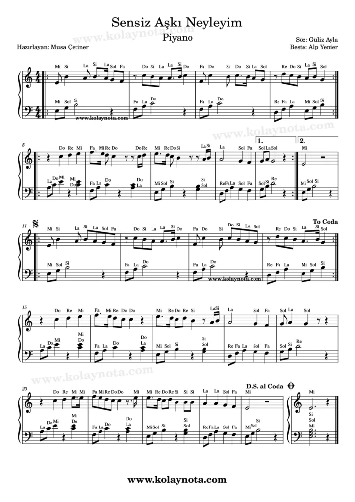 Sensiz Aşkı Neyleyim şarkısının Piyano Notası