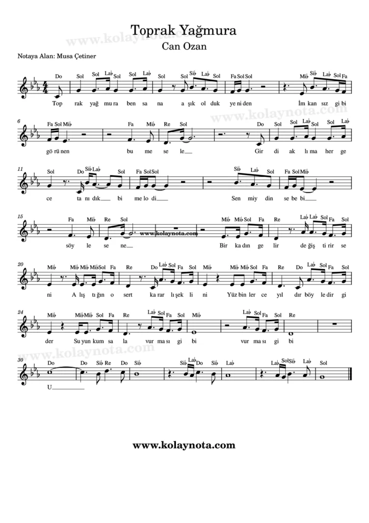 Toprak Yağmura - Nota