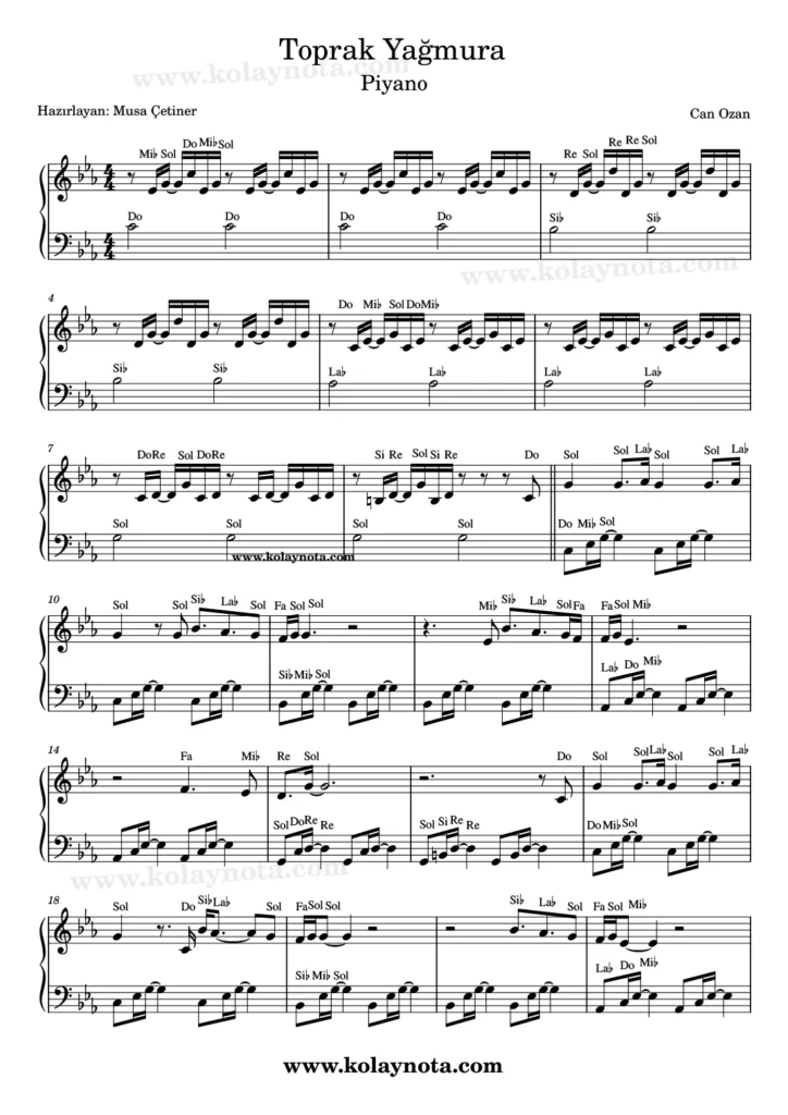 Toprak Yağmura - Piyano Nota