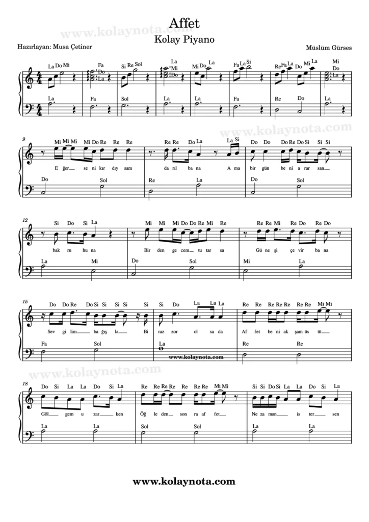 Affet şarkısının piyano düzenlemesi