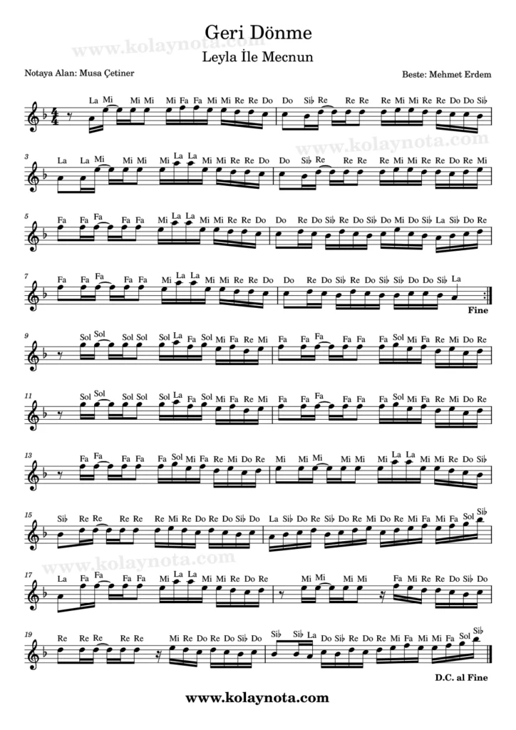 Geri Dönme şarkısının kolay notasyonu