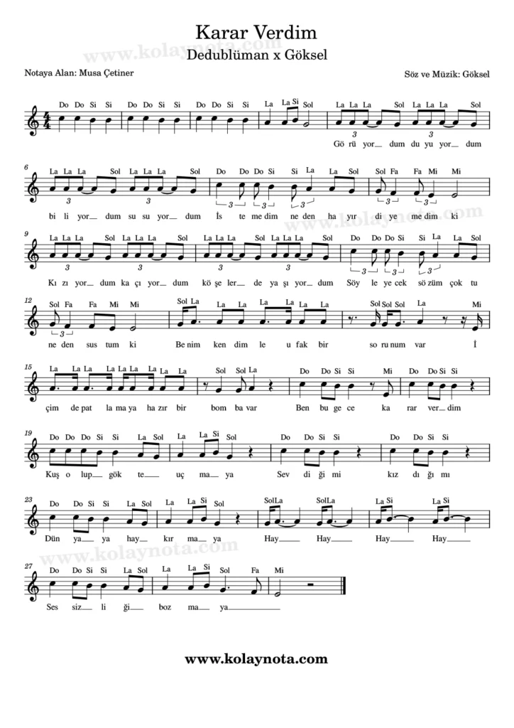 Karar Verdim şarkısının kolay notasyonu