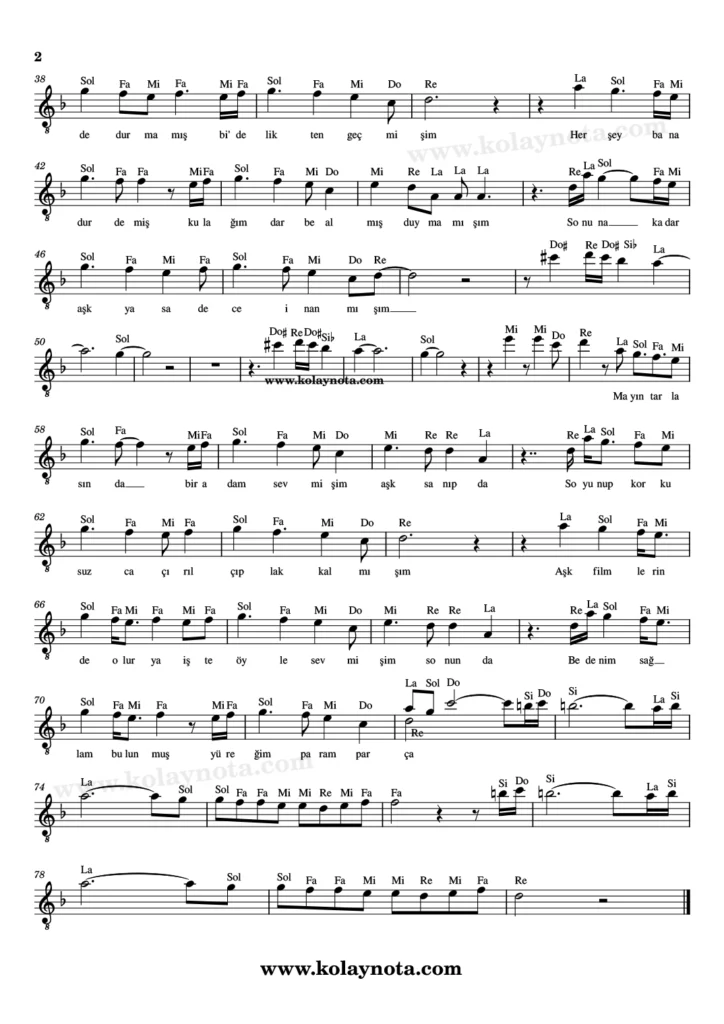 Mayın Tarlası şarkısının kolay notasyonu - 2. Sayfa