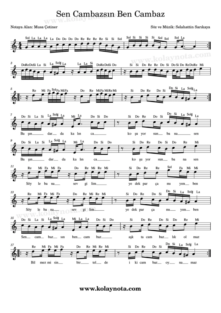 Sen Cambazsın Ben Cambaz şarkısının kolay notası