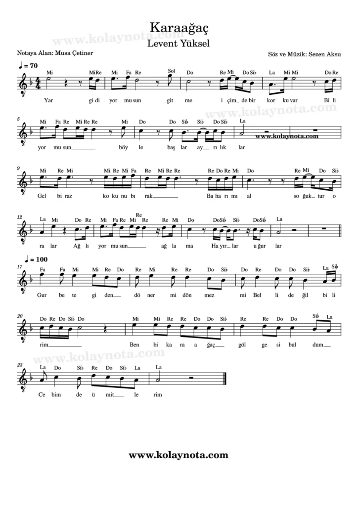 Karaağaç şarkısının kolay notasyonu