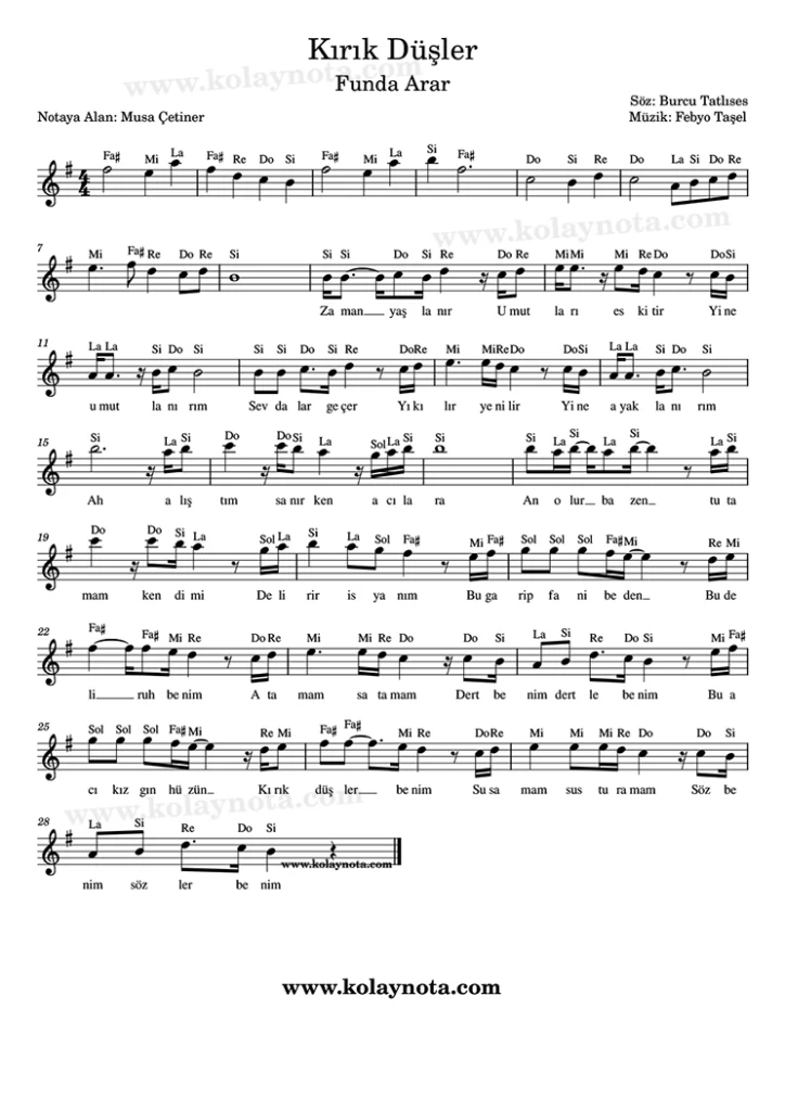 Kırık Düşler şarkısının kolay notasyonu