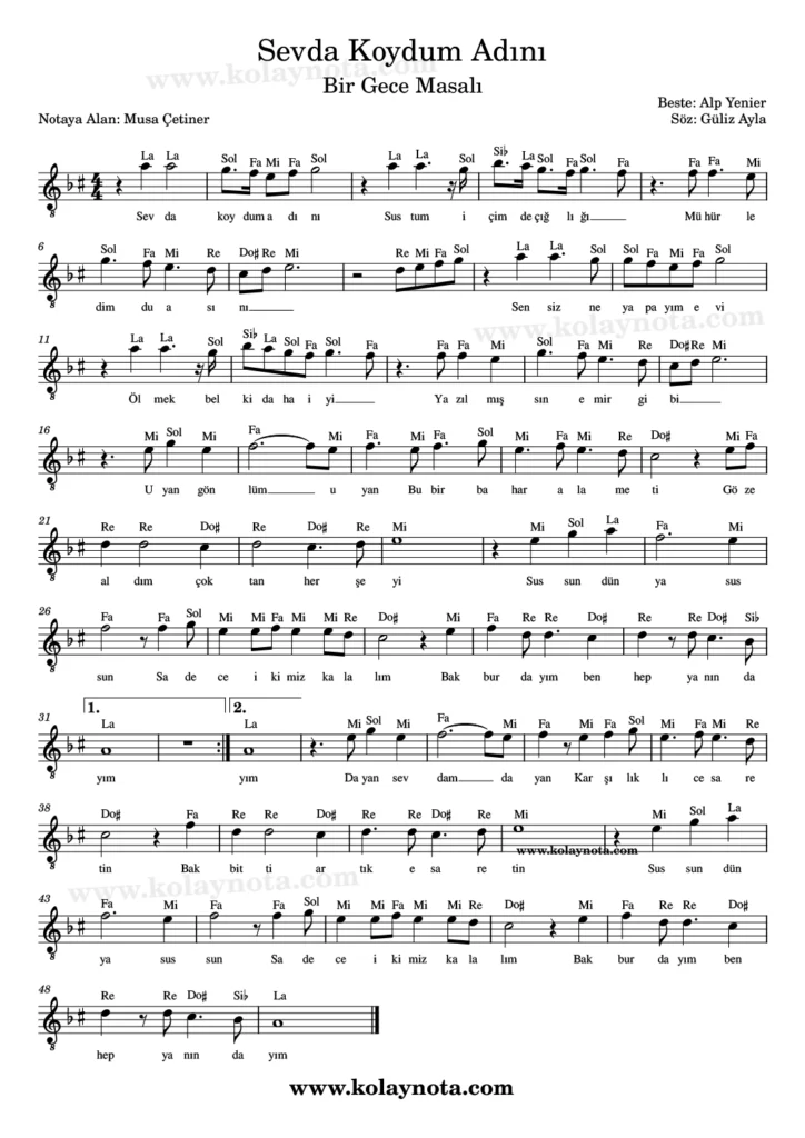 Sevda Koydum Adını şarkısının kolay notasyonu