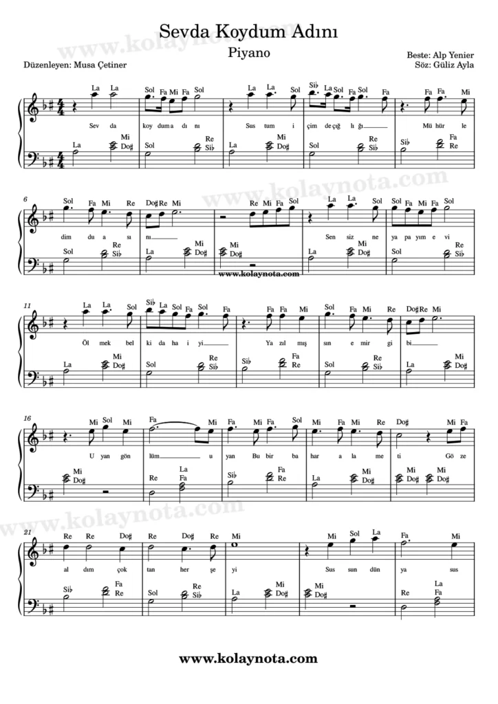 Sevda Koydum Adını şarkısının piyano düzenlemesi