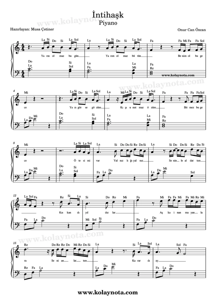 İntihaşk şarkısının piyano düzenlemesi
