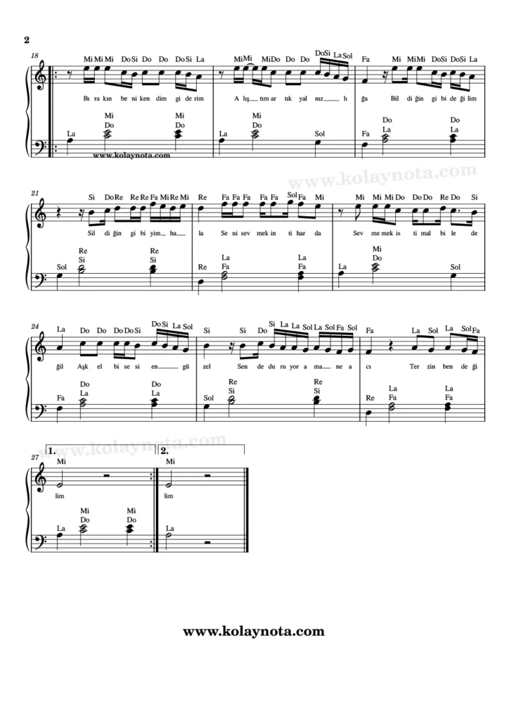 İntihaşk şarkısının piyano düzenlemesi, 2. sayfası