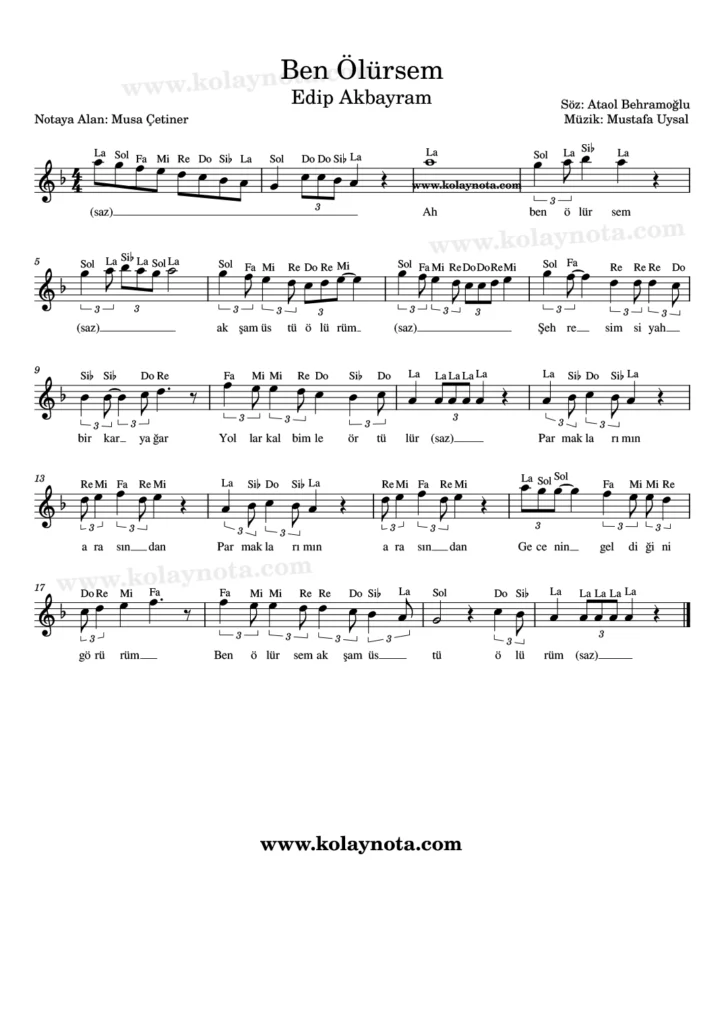 Ben Ölürsem şarkısının kolay notaayonu