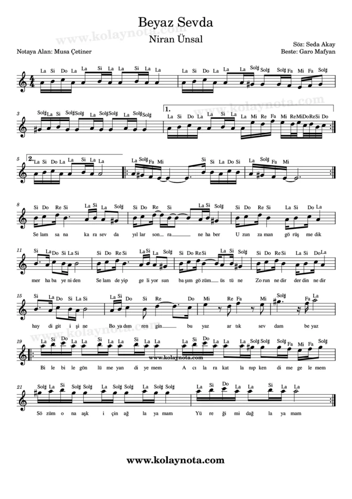 Niran Ünsal, Beyaz Sevda şarkısının kolay notasyonu