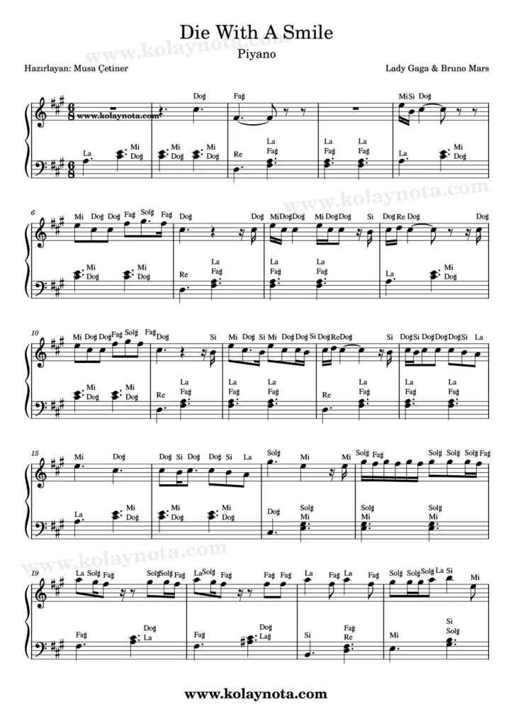 Die With A Smile şarkısının piyano düzenlemesi