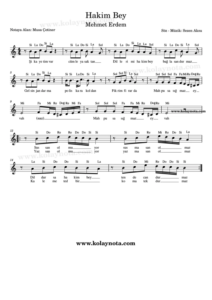 Hakim Bey şarkısının kolay notasyonu