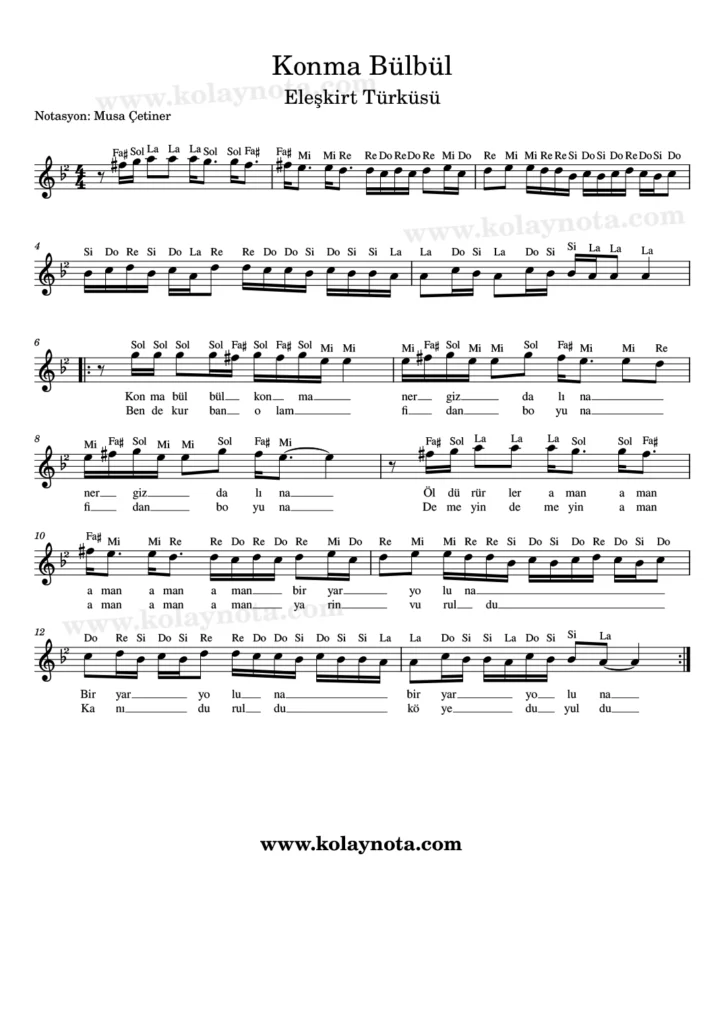 Konma Bülbül Konma türküsünün Kolay Notasyonu
