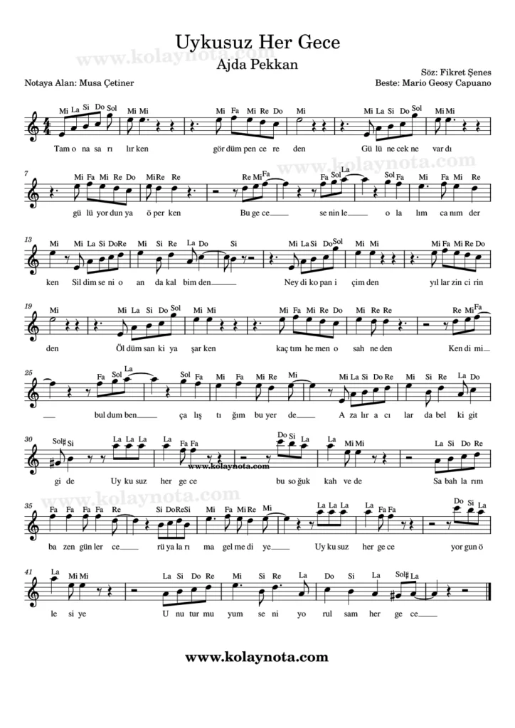 Uykusuz Her Gece şarkısının Kolay Notasyonu