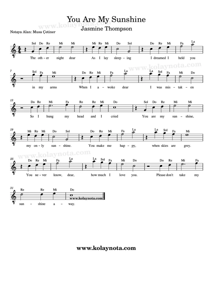 You Are My Sunshine şarkısının Kolay Notasyonu