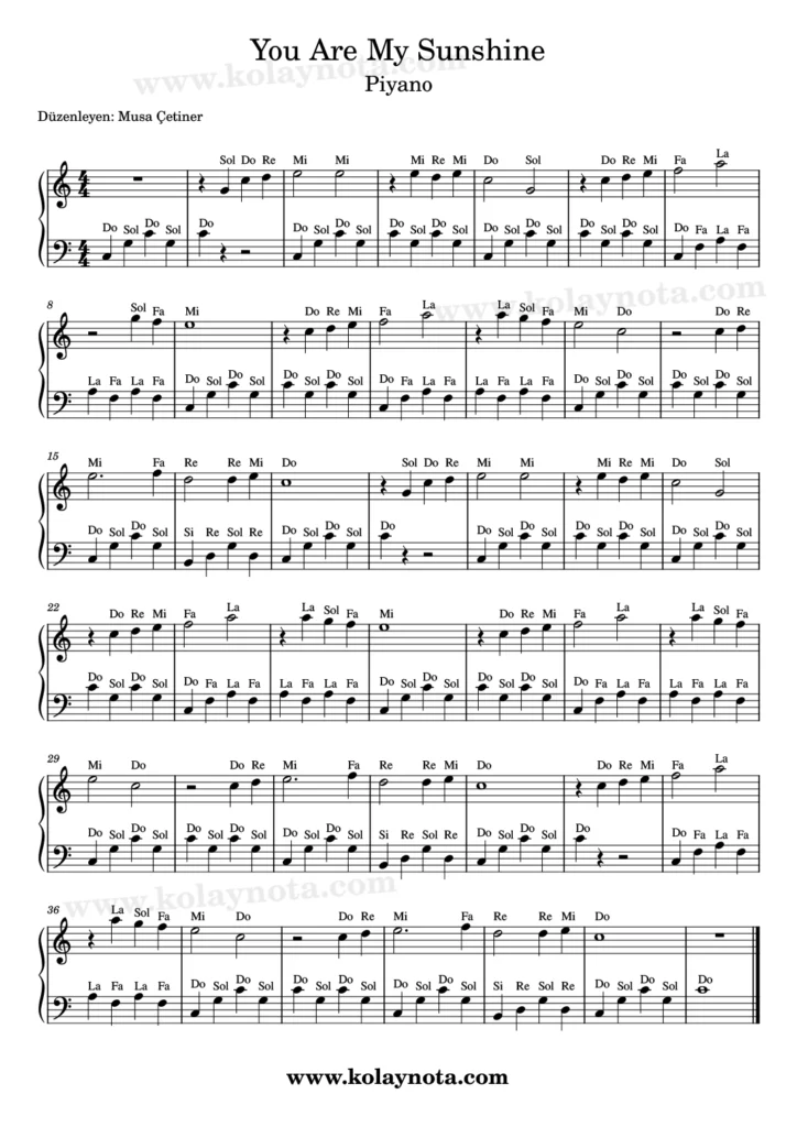 You Are My Sunshine şarkısının piyano düzenlemesi