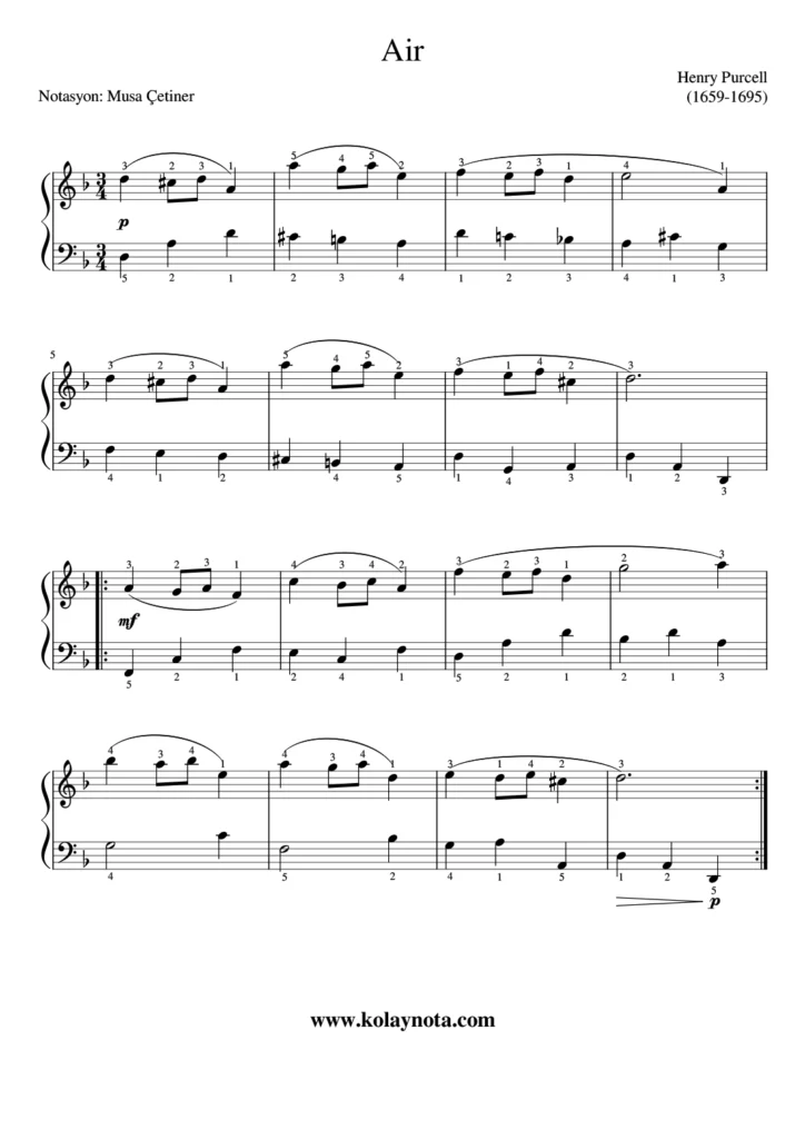 Purcell, Air eserinin piyano notası