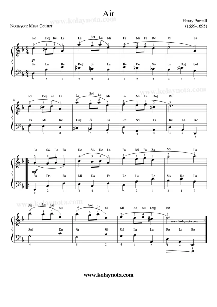 Purcell, Air eserinin kolay piyano notası