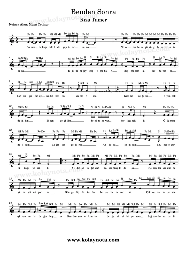 Benden Sonra şarkısının kolay notasyonu