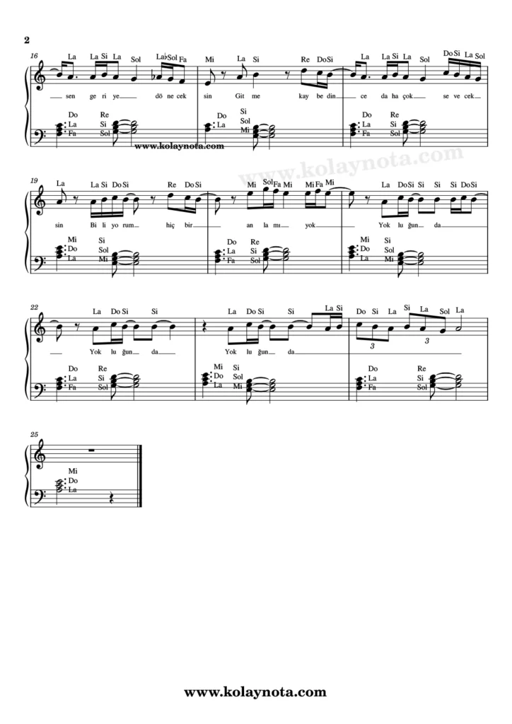 Yokluğunda - Piyano Nota - 2