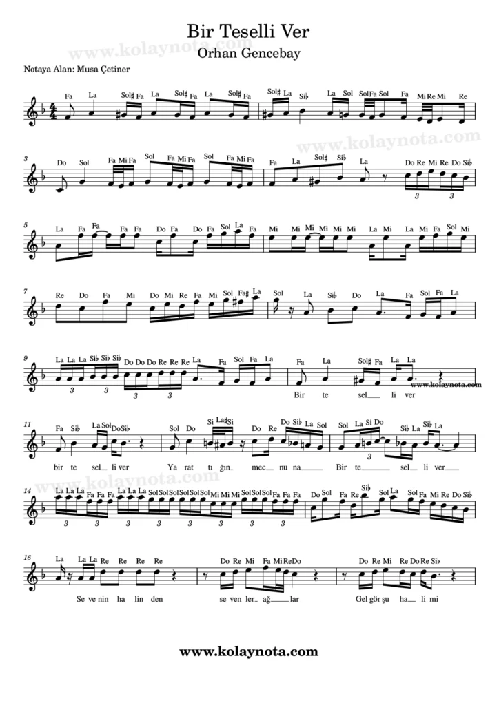 Bir Teselli Ver şarkısının kolay notasyonu