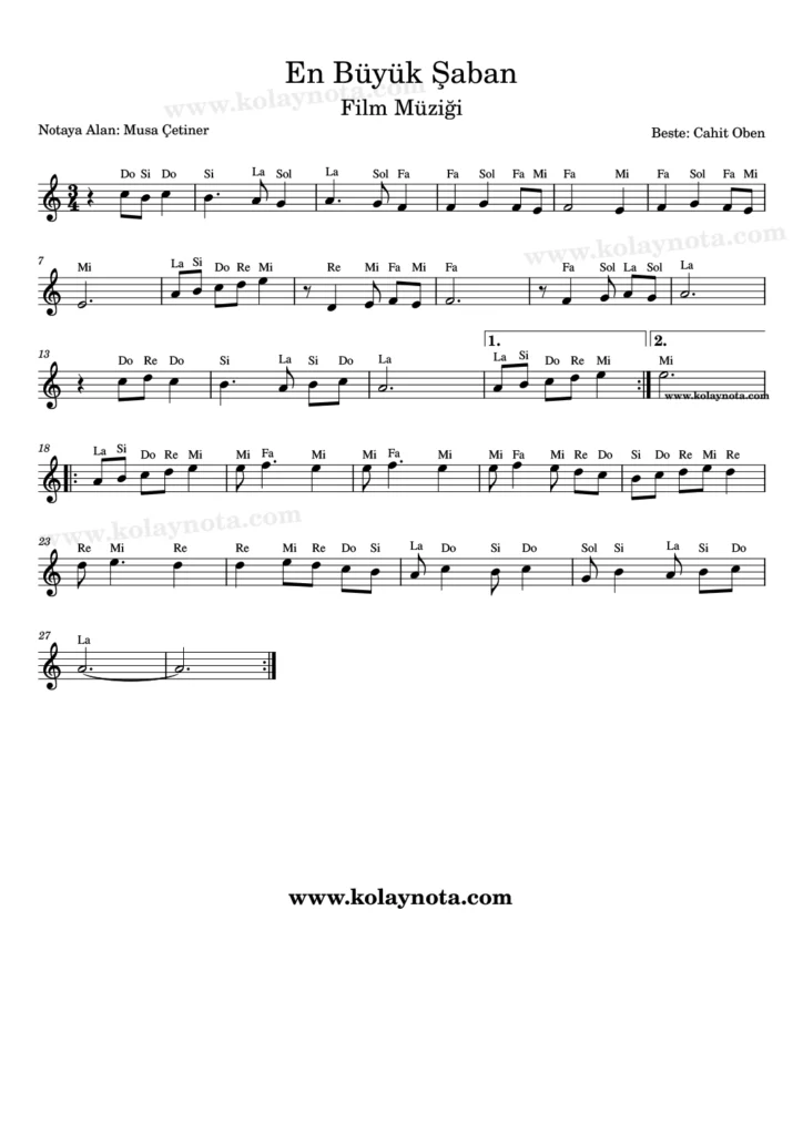 En Büyük Şaban film müziği kolay notasyonu