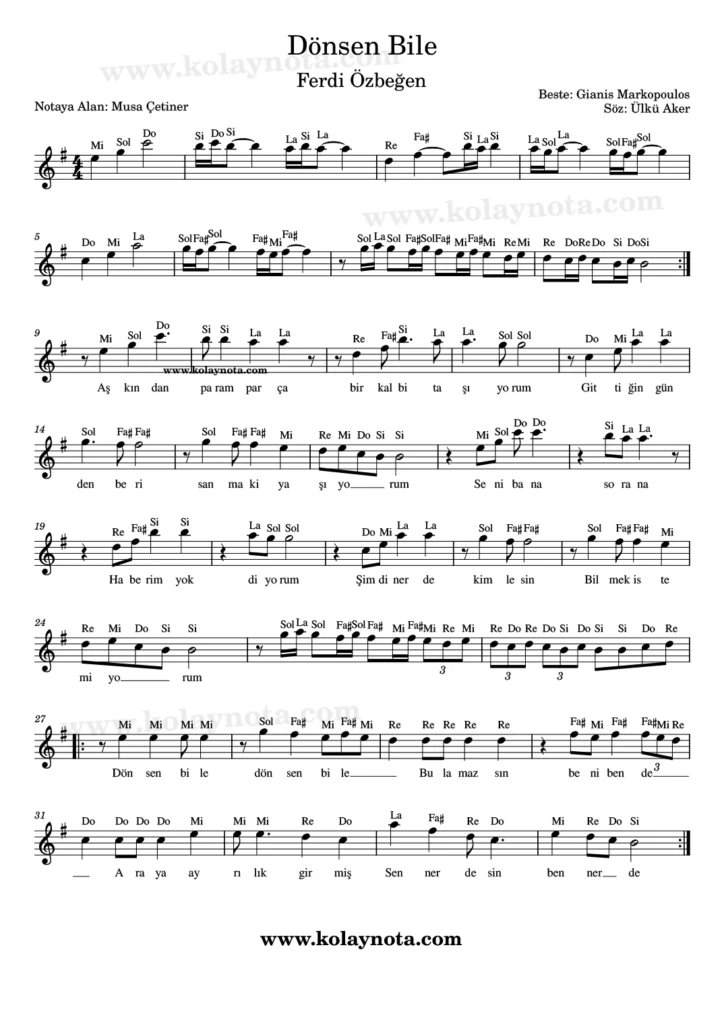 Dönsen Bile şarkısının kolay notasyonu